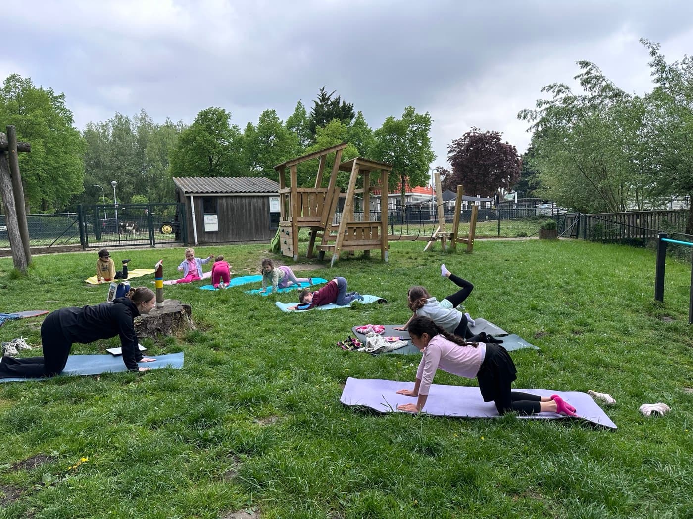 Children of different ages doing tabletop pose together outdoors on mats