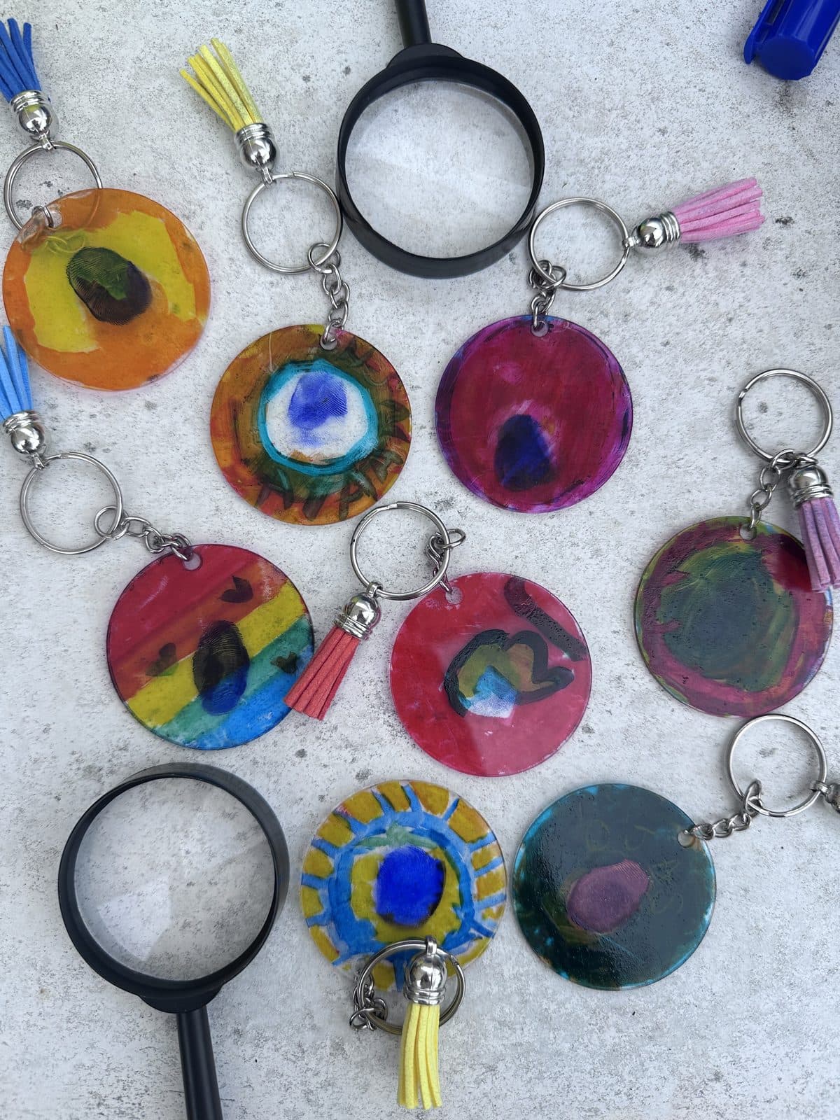 Handmade keyrings and magnifying glasses