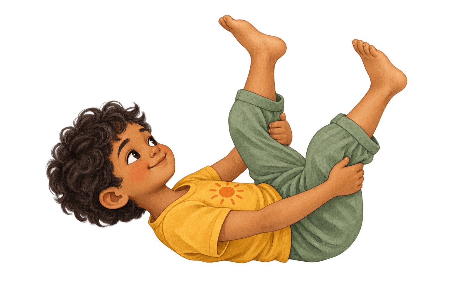 Watercolor illustration of a child practising Happy Baby Pose