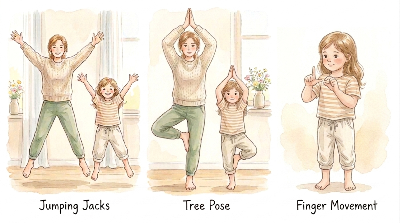 Kind doet jumping jacks en boomhouding als ochtendritueel